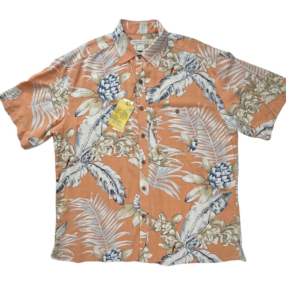 Island Republic Mens XL Washable Silk Hawaiian Shirt Tropical Floral Orange NWT